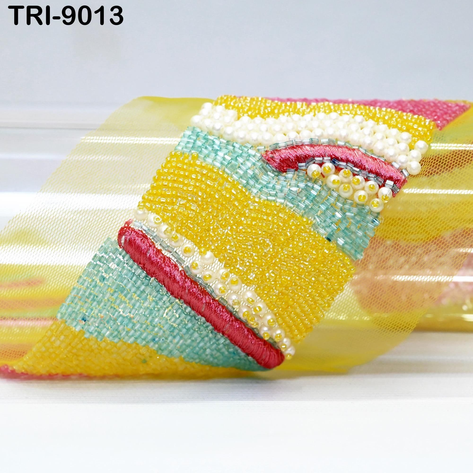 Handmade Beaded Sari Border: Yellow & Pink Indian Embroidered Lace Trim