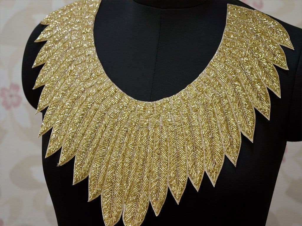 Handcrafted Beaded Neckline Patch: Gold Embroidered Applique