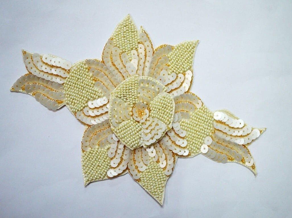 Ivory Sequin Beaded Flower Applique: Sew-On Patch (8x5 inch)