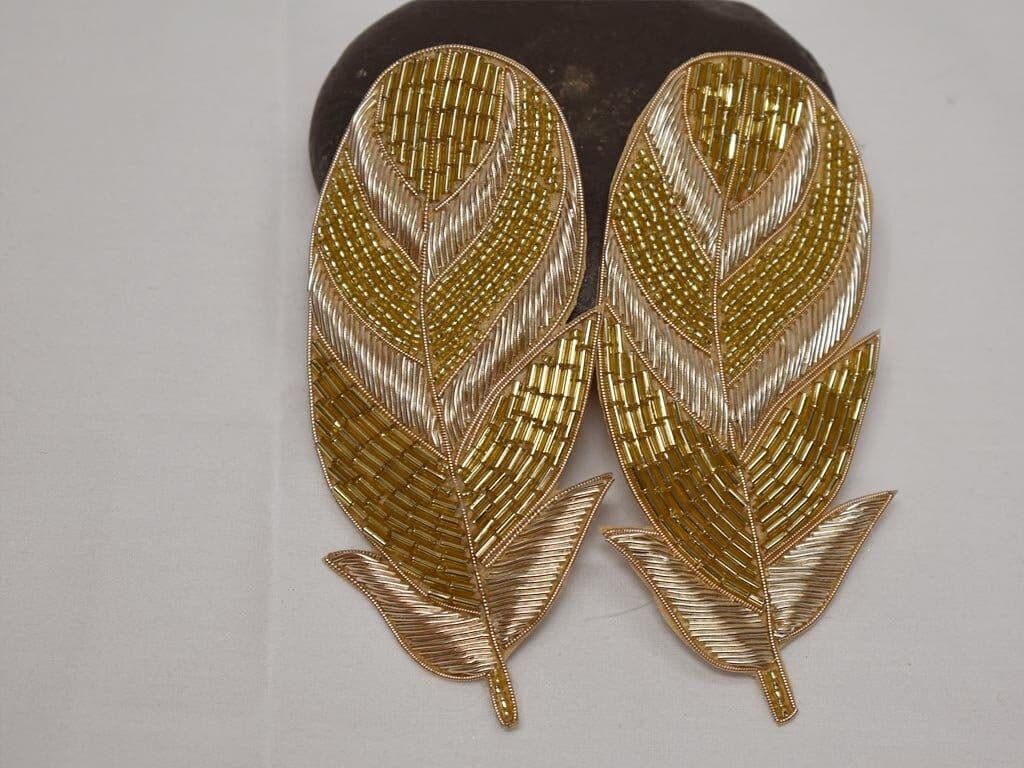 2 Piece Gold Handmade Feather Patches for Cushion Covers Hat Embroidered Indian Sewing Dresses Handcrafted Beaded Patches Appliques Crafting